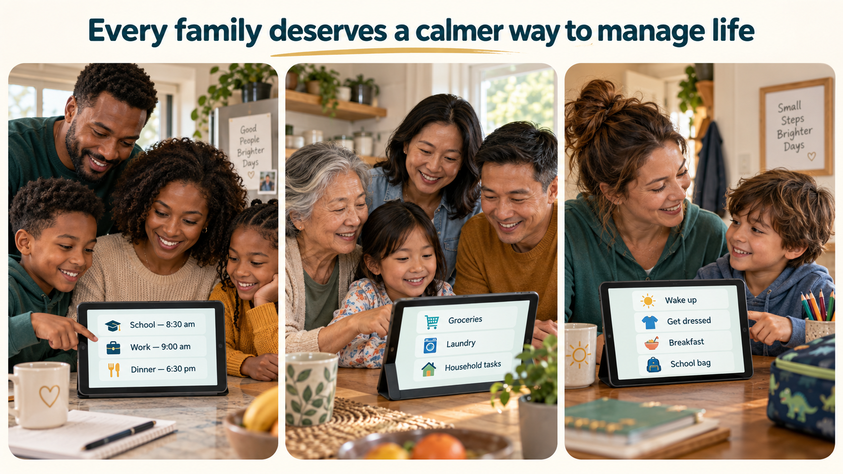 A Black family coordinating school, work and meal times on a shared tablet