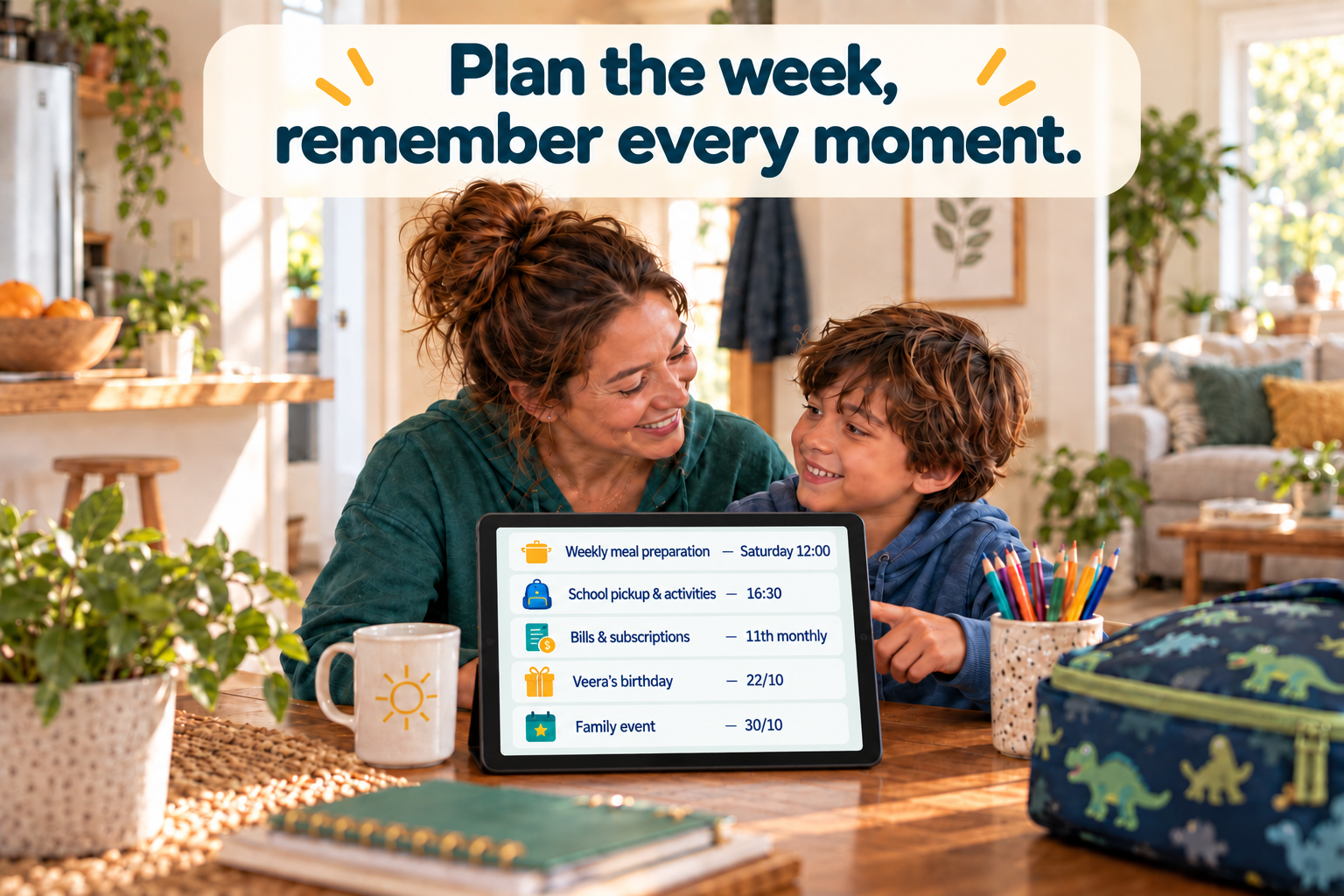 A parent and child planning the week and remembering family events
