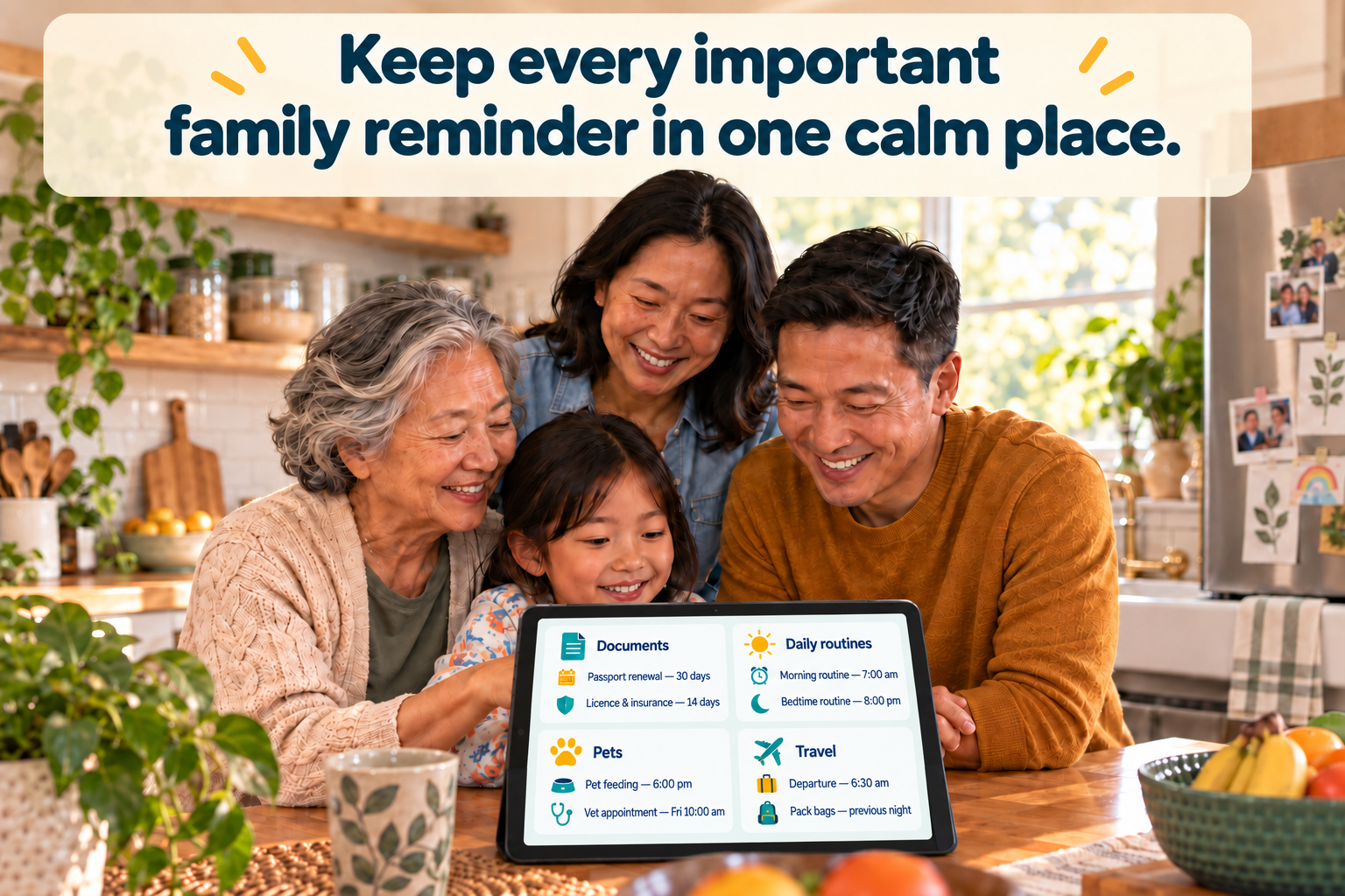 A multigenerational Asian family reviewing household reminders together